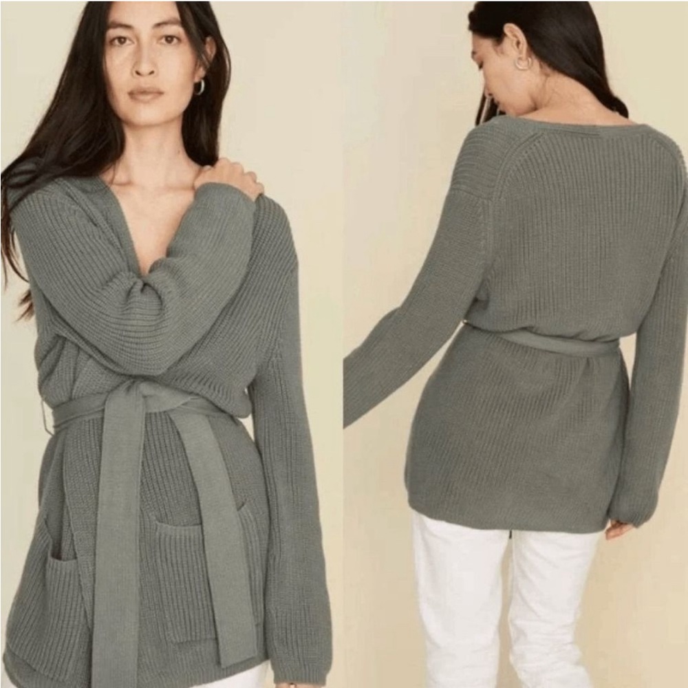 Jenni Kayne cotton belted fisherman wrap cardigan sage green small